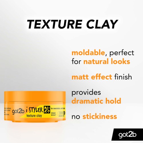 Text about texture clay benefits, including moldable, natural look, matt finish, strong hold, and no stickiness.