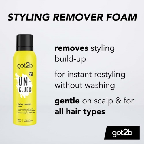 Keltainen pullo sisältää got2b styling remover foam, joka poistaa tyylin kerrostumia ilman pesua, hellä päänahalle, kaikille hiustyypeille.