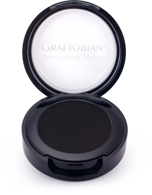 En svart rund sminkbeholder med et hvitt lokk som har 'GRAFTOBIAN PROFESSIONAL MAKEUP' skrevet inni.