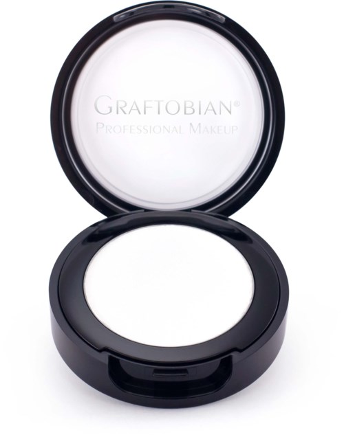 Pyöreä musta meikkipakkaus, jossa on peili ja sisäpuolella teksti 'Graftobian Professional Makeup'.