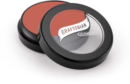 Två runda kosmetikrouge, ett med genomskinlig lock, märkt 'Graftobian Cosmetic' och det andra utan lock.
