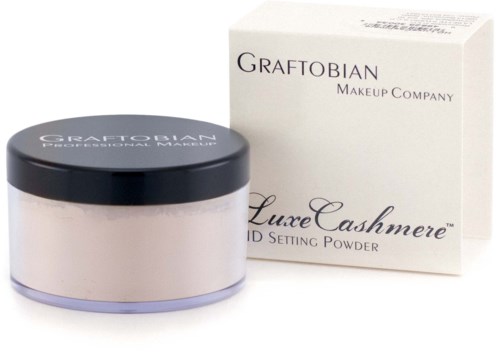 A jar of setting powder and its box from Graftobian Makeup Company, labeled Luxe Cashmere.