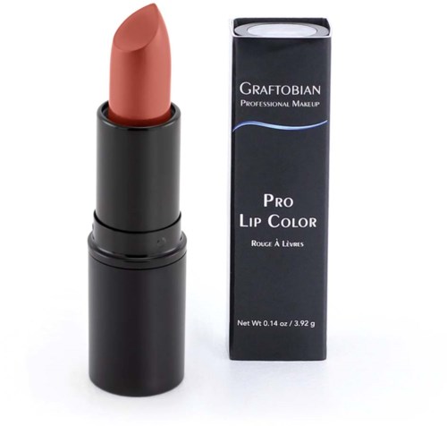 A lipstick with a black case next to a dark blue box labeled 'Graftobian Pro Lip Color.'