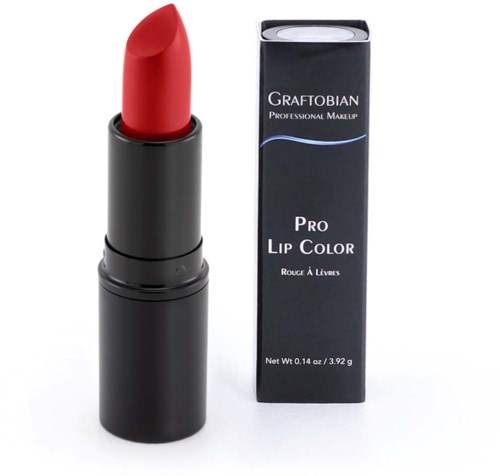 Red lipstick next to a black box labeled 'Pro Lip Color' from Graftobian.