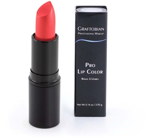 A pink lipstick in a black tube next to a black box labeled 'Graftobian Pro Lip Color'.