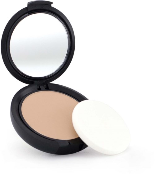 A round makeup compact with beige powder and a white applicator sponge inside a black case.