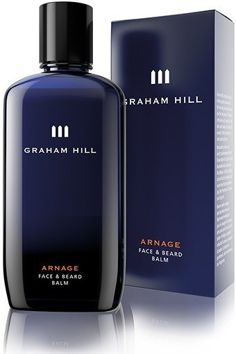 Blå flaska och box för Graham Hill Arnage Face & Beard Balm, enkel och elegant design.