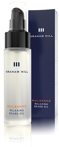 En flaska skäggolja och dess låda, båda märkt Graham Hill Mulsanne, avslappnande skäggoljeprodukt.