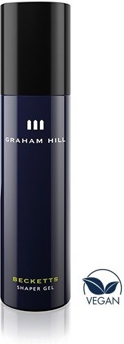 En navyblå och svart flaska med Graham Hill-märke, märkning som Shaper Gel, veganskt produkt.