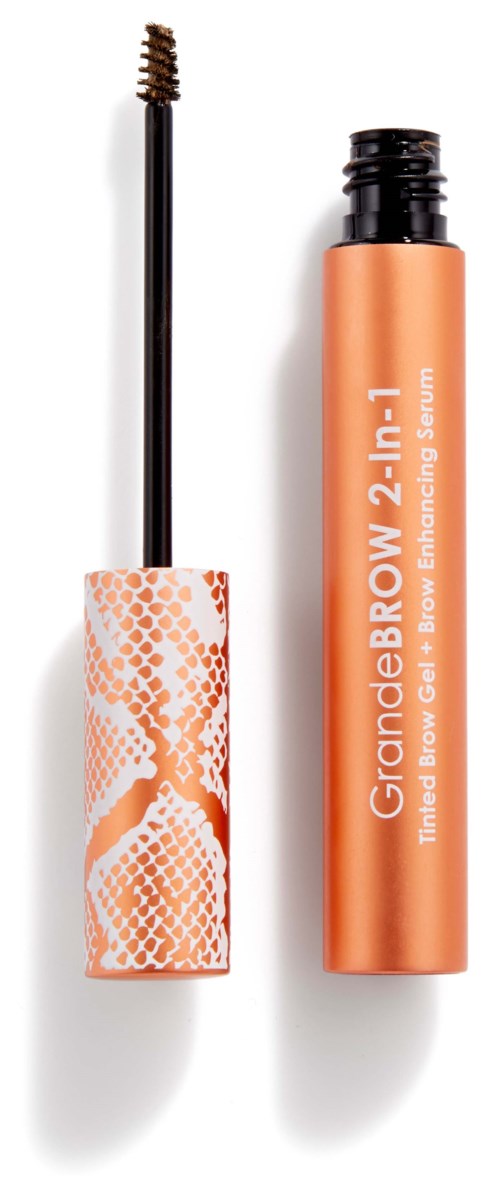 Ein Augenbrauenserum mit schwarzem Applikator und orangefarbener Tube. Produktname ist GrandeBROW 2-in-1.