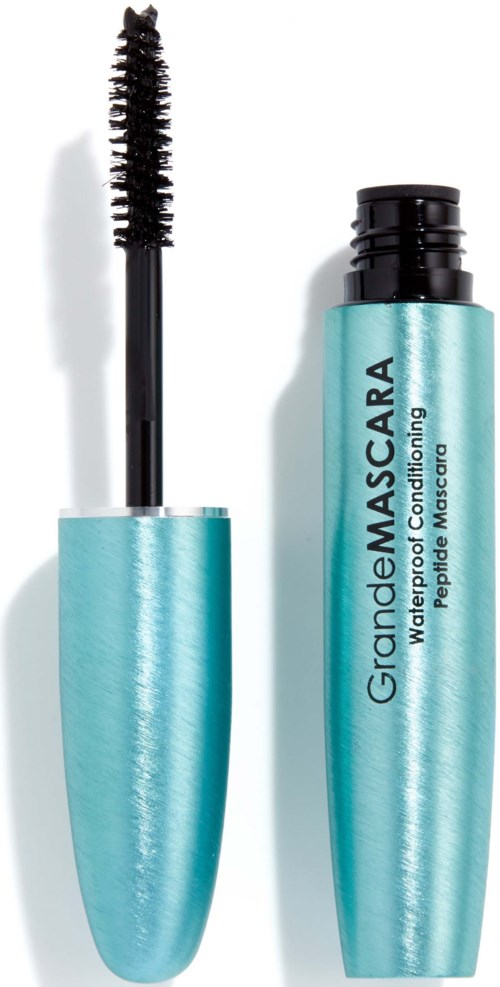 Mascara i blå emballasje med børste, merket GrandeMASCARA, for å gjøre øyevipper tykkere og lengre.
