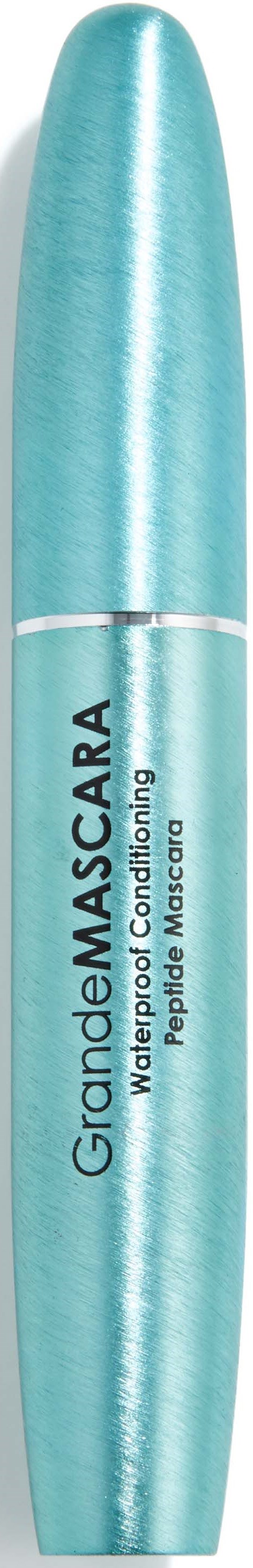 En blå vanntett mascara-tube med teksten "GrandéMASCARA" og "Waterproof Conditioning".
