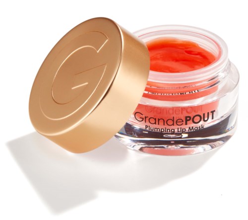Ein kleiner Behälter mit rotem Lippenmaske und goldener Abdeckung, bezeichnet 'Grand Pout'. Der Deckel ist teilweise offen.