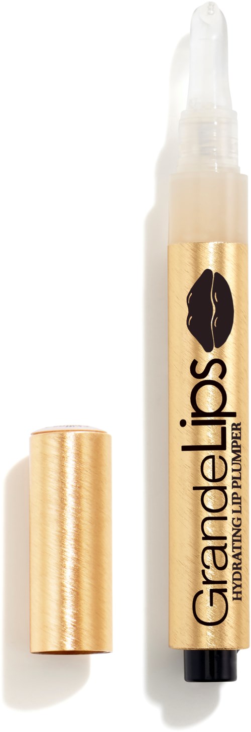 Huulikiilto, jossa kultainen etiketti ja irrotettava kansi, lukee 'Grandellots' ja 'Hydrating Lipgloss'.