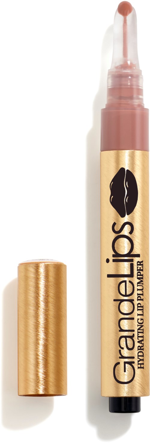 Een beige lippenstiftpen met zwarte en gouden tekst en een gouden dop, met de bovenste helft die de productnaam toont.