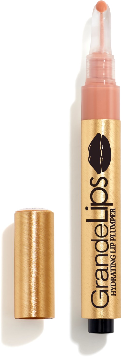 Beige väriinen peitevoide, kullansivulla ja mustalla viiksilogolla, tekstit "Grande lips" ja "Hydrating Lip Plumper."