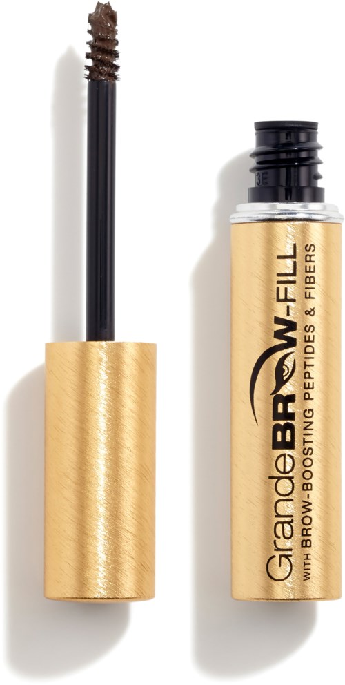 Eine Augenbrauengel in goldener Verpackung, Bürste mit dunkelbraunem Produkt, Beschriftung liest 'GrandeBrow' in Schwarz.