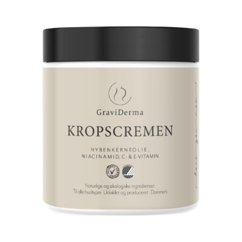 Een witte pot met zwart deksel, gemerkt 'KROPSCREMEN' door GraviDerma, bevat bodycrème met natuurlijke ingrediënten.