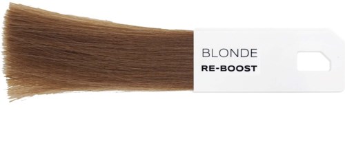 Przedłużka do włosów oznaczona jako blond, długa, z białą etykietą z napisem Re-Boost.