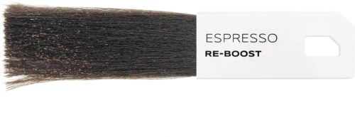 Szczotka z ciemnymi włosiami i białą etykietą, na której jest napisane "ESPRESSO RE-BOOST."