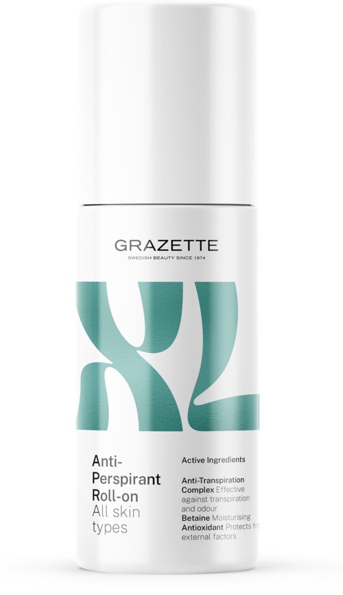 En vit roll-onbehållare med teal och svart text, märkt 'GRAZETTE Anti-Perspirant Roll-on' för alla hudtyper.
