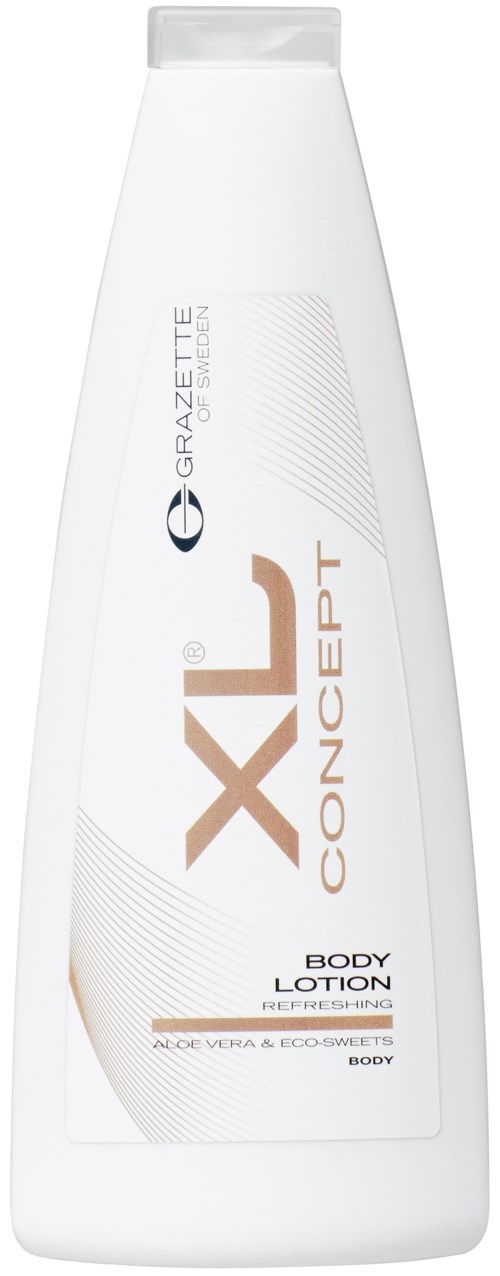 En vit kroppslotionflaska med guld- och grå text, märkt 'XL Concept' och 'Body Lotion'.