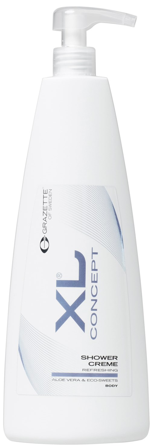 En vit flaska med XL Concept duschcreme med pump, med blå och grå design.