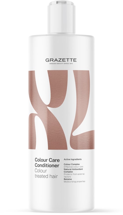 A white bottle labeled Grazette, with large brown letters and text about hair conditioner and caring ingredients.