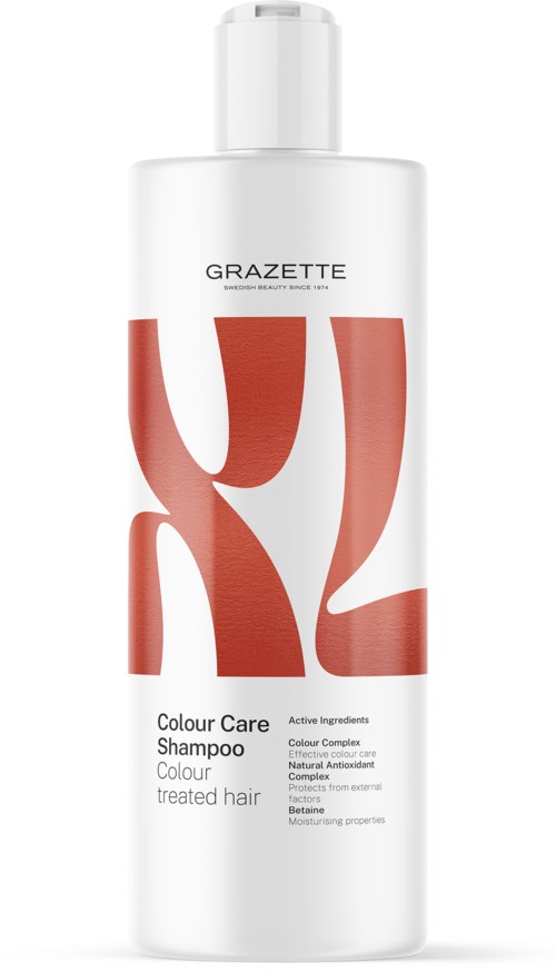 A white shampoo bottle with large red letters and small black text, branded Grazette.