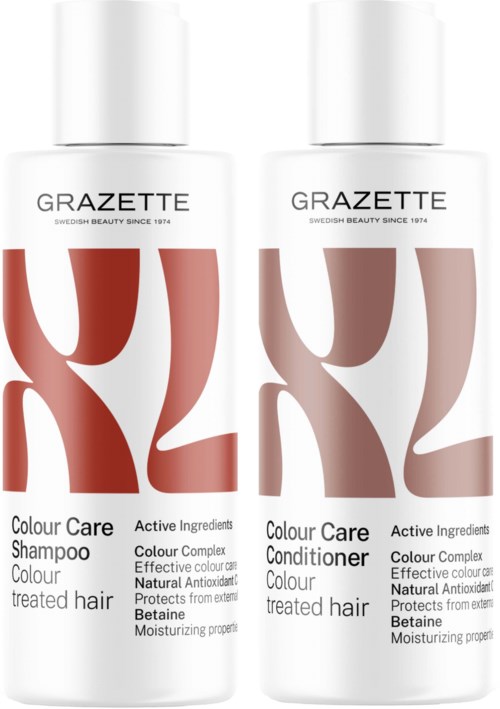 Two white bottles with red and brown abstract designs labeled Grazette, for shampoo and conditioner.