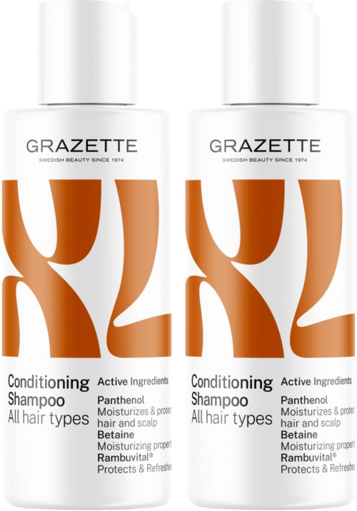 Two bottles of GRAZETTE conditioning shampoo for all hair types with ingredients like Panthenol and Betaine.