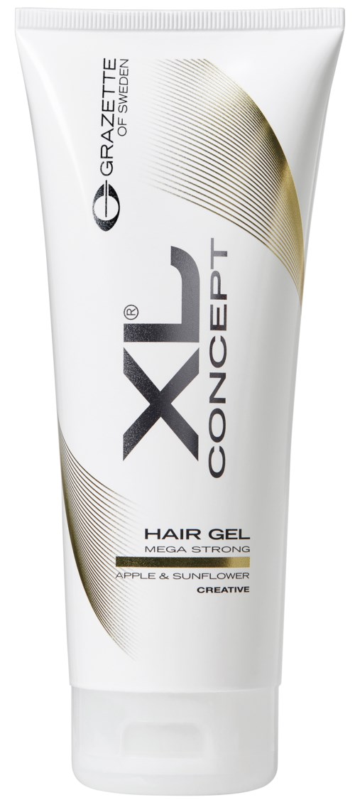 En vit tub med hårgelé märkt 'XL Concept Mega Strong' med äpple och solrosor.