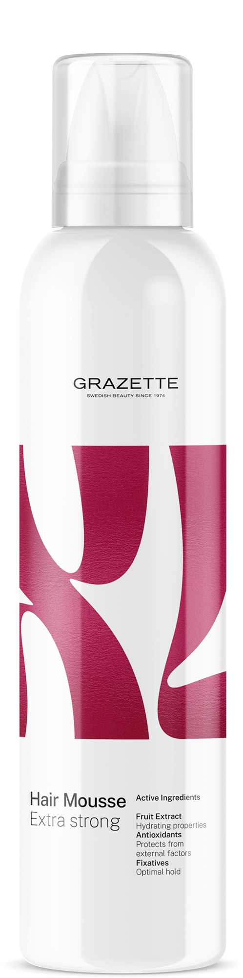 Valkoinen pullo GRAZETTE Hiusvaahto Extra Strong, jossa on pinkki ja valkoinen muotoilu, ja kirkas kansi.