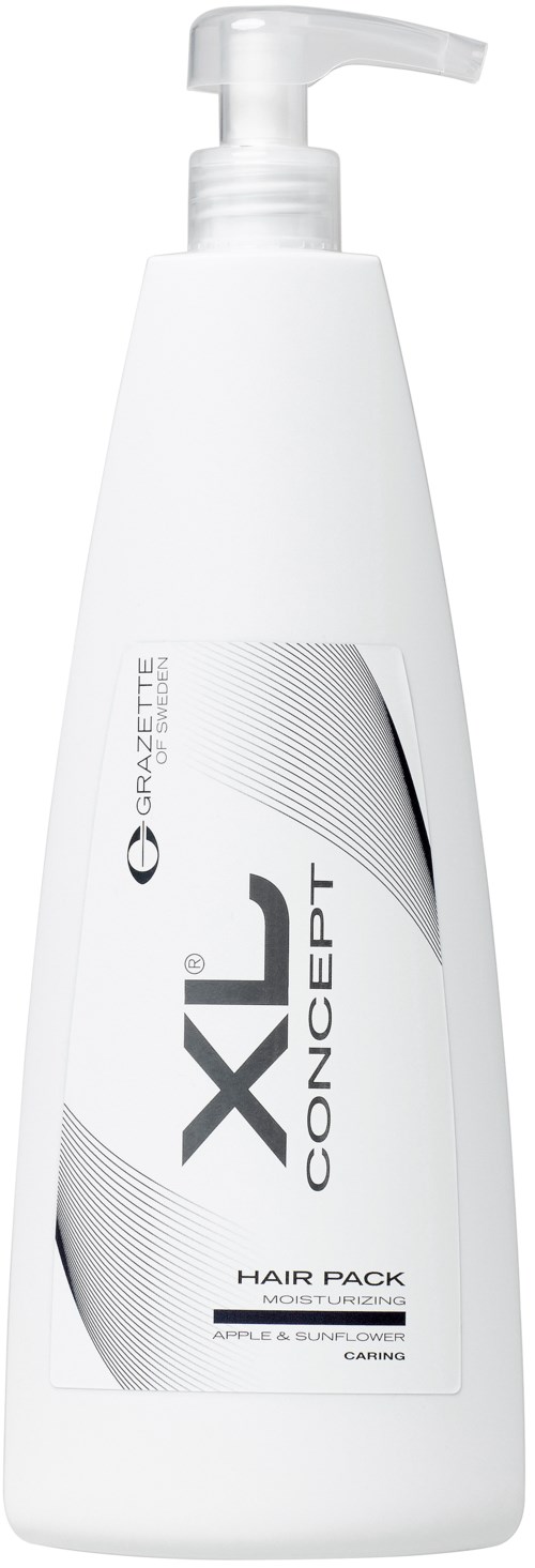 En vit flaska med pump, märkt 'XL CONCEPT HAIR PACK', troligen en hårvårdsprodukt.