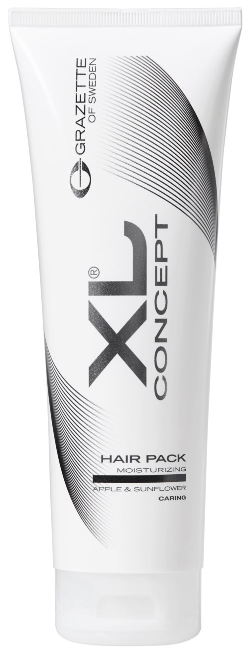 En vit tub märkt 'XL Concept' med svarta och grå accenter, som säger att det är en hårinpackning för fuktighetsgivning och vård.