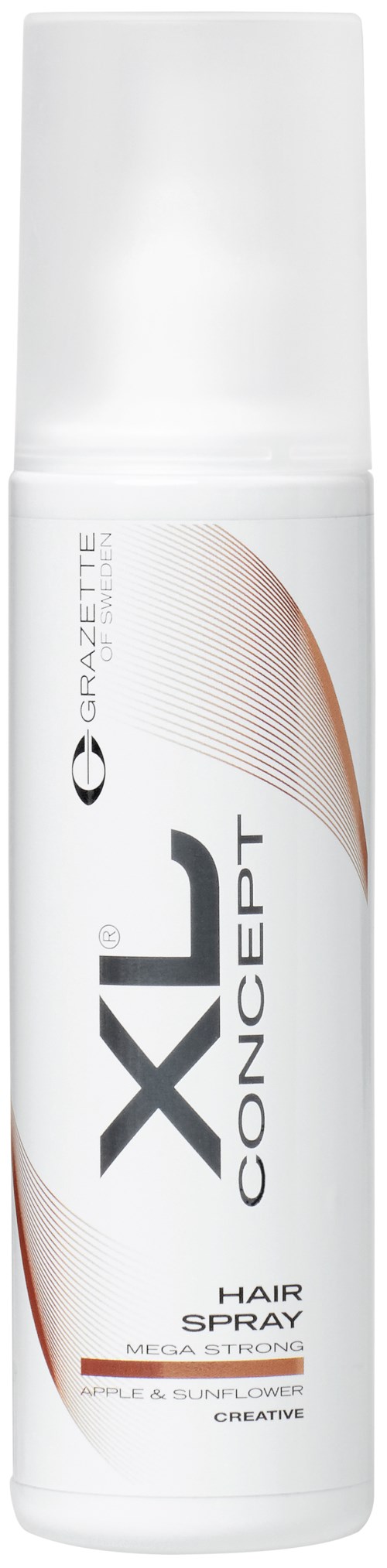 En vit flaska med svart och orange text, märkt X1 Concept Hairspray för stark fixering, med lock på toppen.
