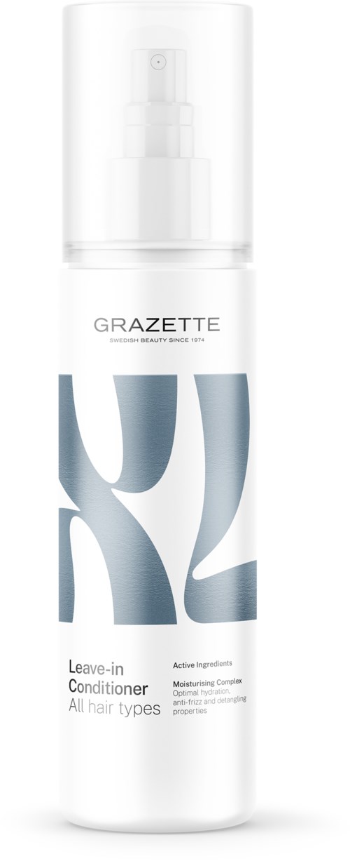 Een witte sprayfles met label 'GRAZETTE' voor alle haarsoorten leave-in conditioner met actieve ingrediënten en hydraterende voordelen.