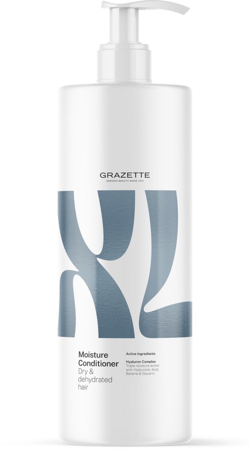 Een witte fles met pomp, met label 'GRAZETTE', bevat vochtinbrengende conditioner voor droog en beschadigd haar.