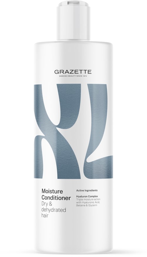Een witte fles met blauwe abstracte vormen, gemarkeerd als vochtinbrengende conditioner voor droog, gedehydrateerd haar, bevat hyaluroncomplex.