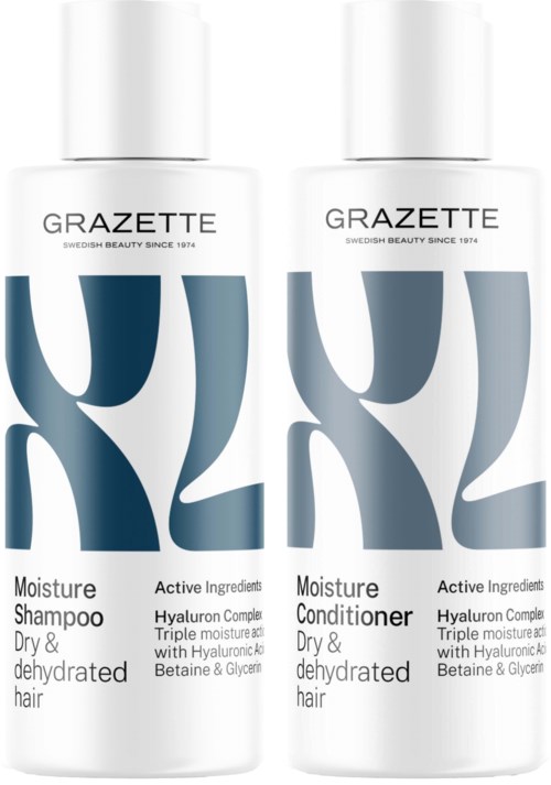 Two white bottles of hair care products: one shampoo and one conditioner, for dry and dehydrated hair, with active ingredients.