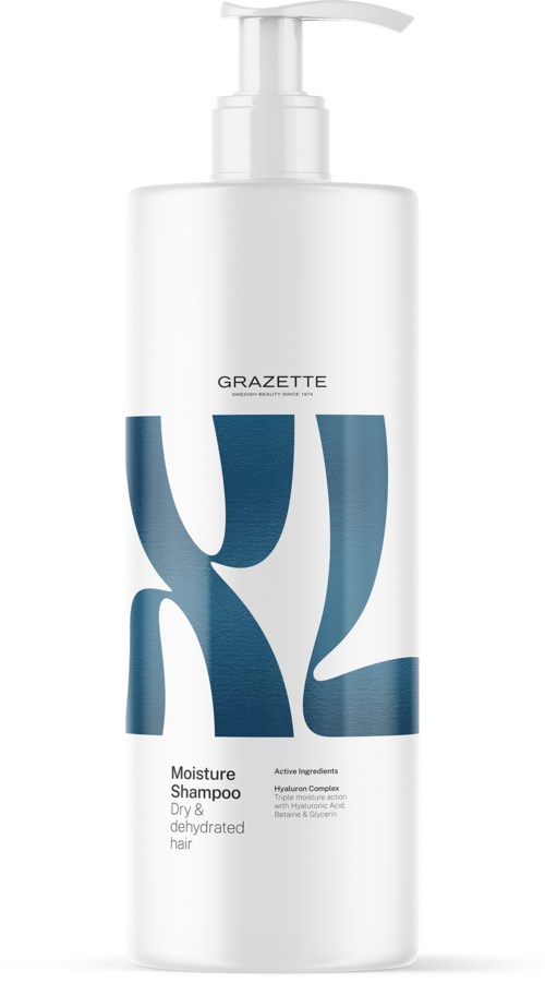 A white bottle with a pump, labeled 'GRAZETTE' and 'Moisture Shampoo' for dry, dehydrated hair.