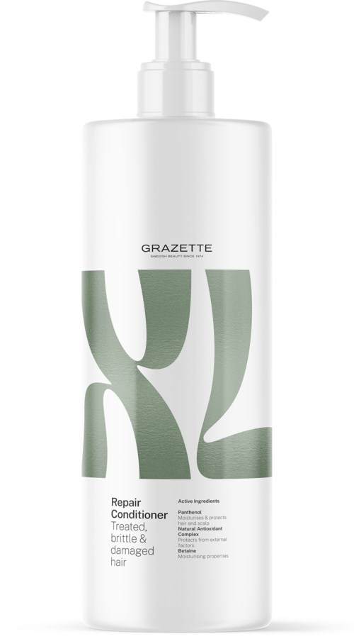 A white bottle with a pump top, labeled 'GRAZETTE Repair Conditioner' for damaged hair.