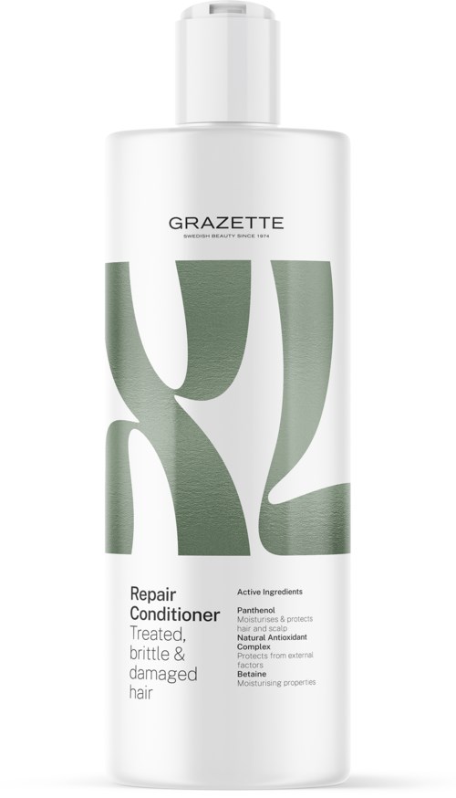 A white bottle of hair conditioner labeled Gazette Repair Conditioner, designed for treated, brittle, and damaged hair.