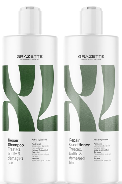 Two white bottles labeled 'GRAZETTE' with green abstract design, one for repair shampoo and one for conditioner.