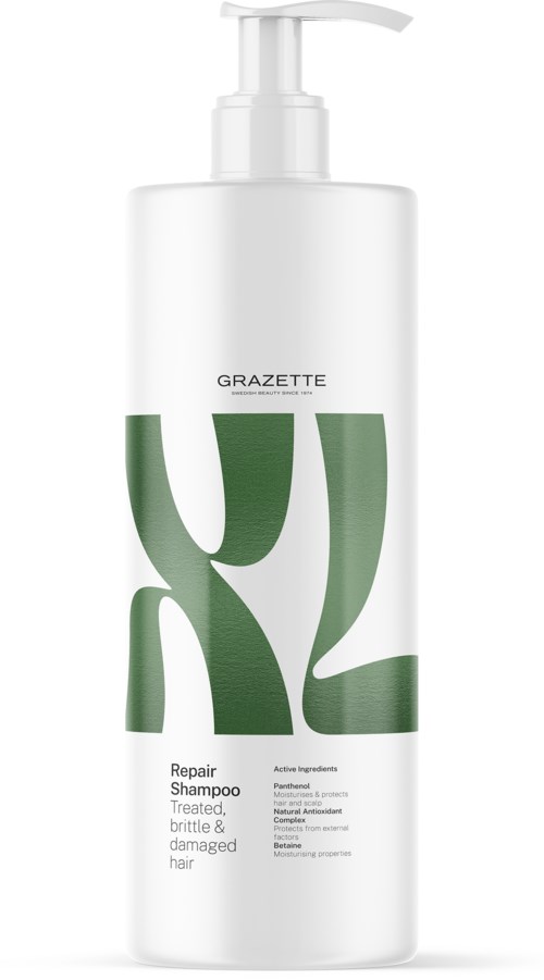A white shampoo bottle with green design, labeled 'GRAZETTE,' for repairing and strengthening damaged hair.