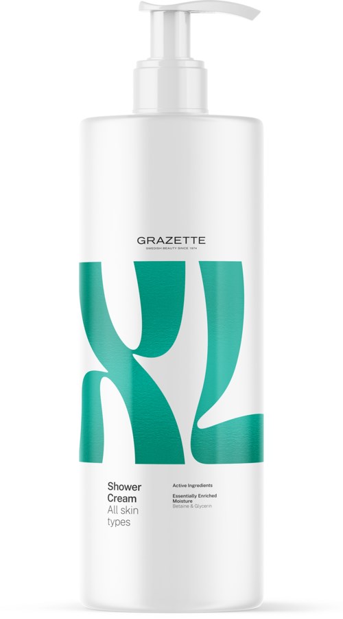 En vit flaska med pump märkt 'GRAZETTE K2 Shower Cream All skin types'.
