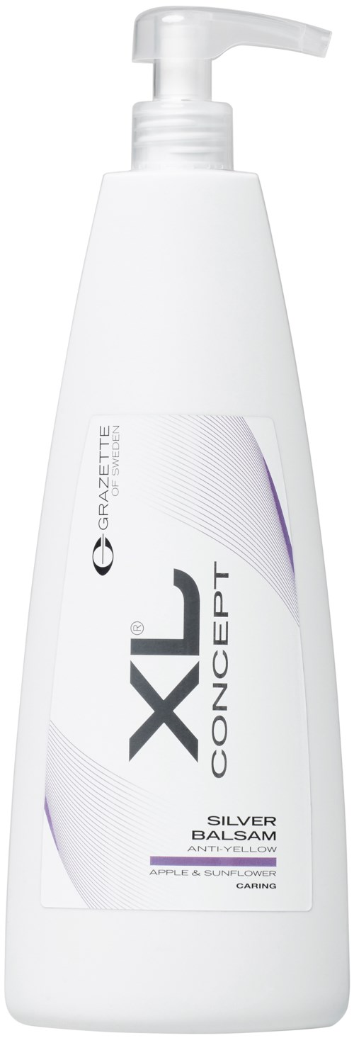 En vit flaska med pumpkopp märkt X-CONCEPT Silver Balsam, används för hårvård, med lila accenter.