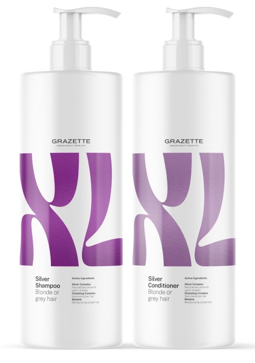 Zwei Flaschen Shampoo und Conditioner für Silber-, Blond- oder Grauhaar mit violetter Gestaltung.