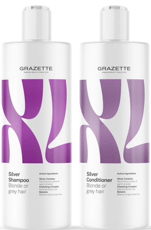 Zwei weiße Flaschen Shampoo und Conditioner mit lila abstraktem Design, geeignet für blondes oder graues Haar.