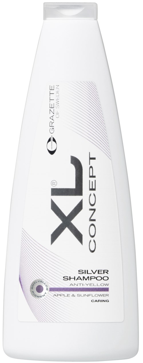 En hvit flaske merket XCL Concept Silver Shampoo, med sølv- og svart design, som indikerer anti-gul effekt.